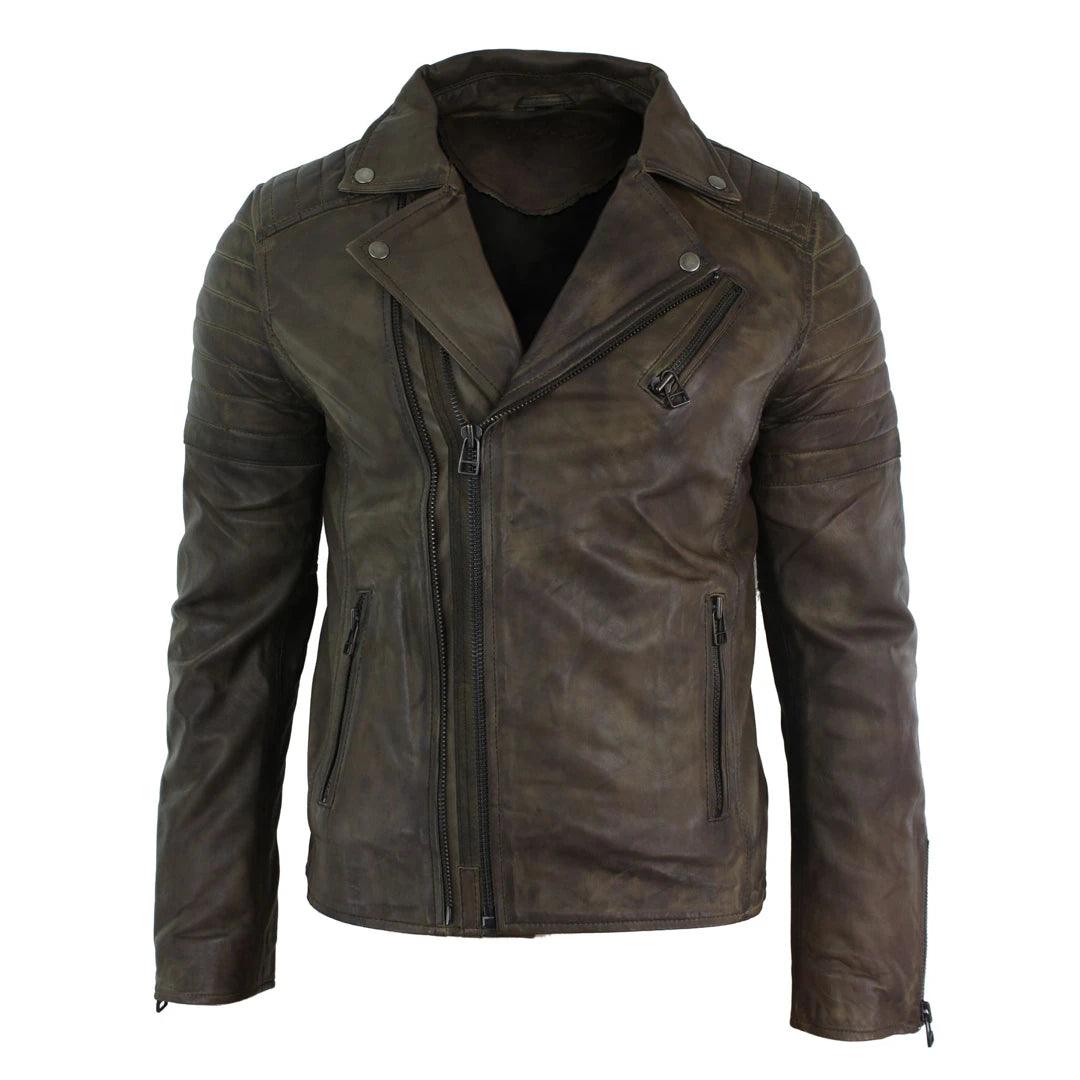 Mens Slim Fit Cross Zip Retro Vintage Brando Real Leather Jacket Vintage Biker - Knighthood Store