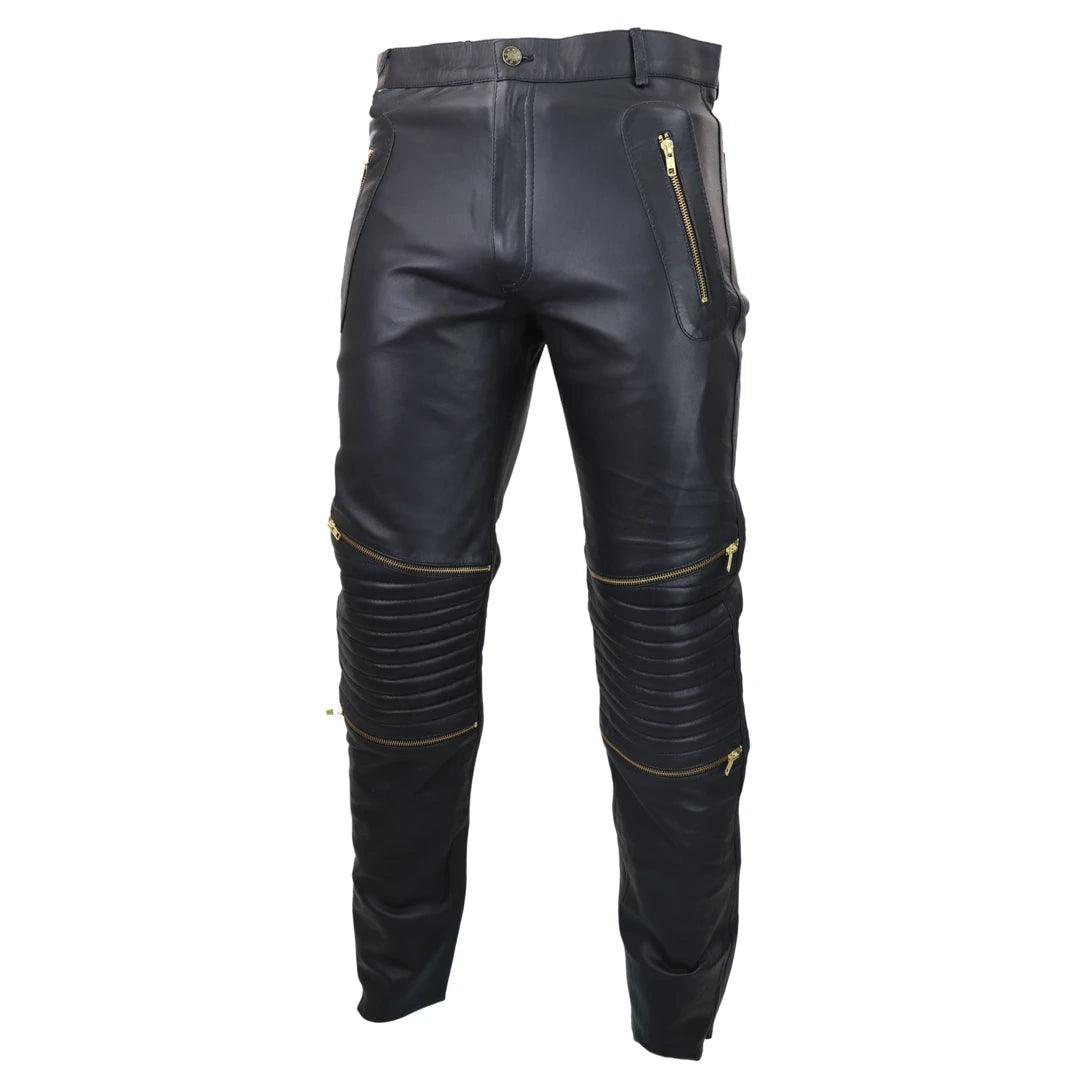 Mens Black White Real Leather Jeans Gold Zips Retro Classic Vintage Goth Punk - Knighthood Store