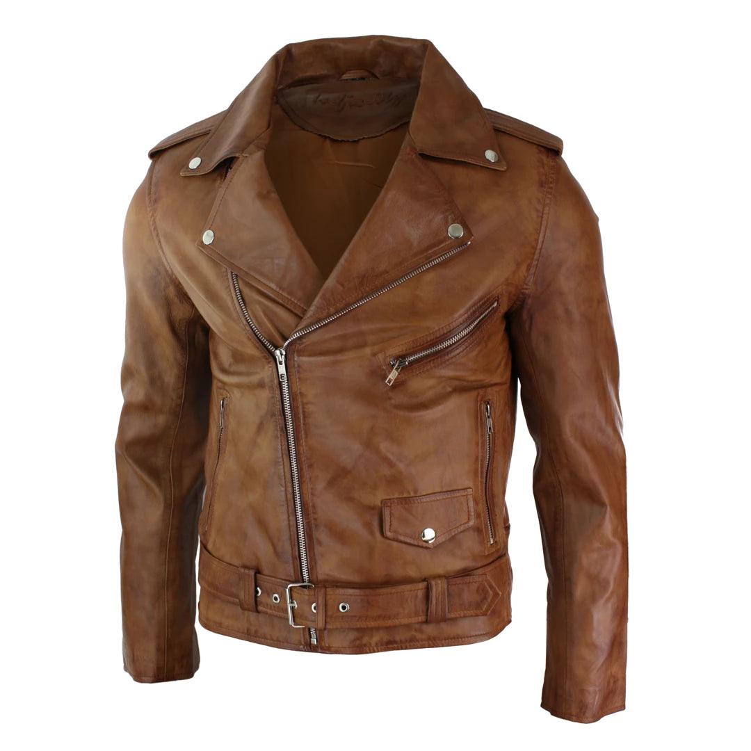 Mens Slim Fit Cross Zip Tan Brown Brando Casual Soft Real Leather Jacket - Knighthood Store
