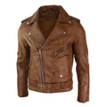 Mens Slim Fit Cross Zip Tan Brown Brando Casual Soft Real Leather Jacket - Knighthood Store