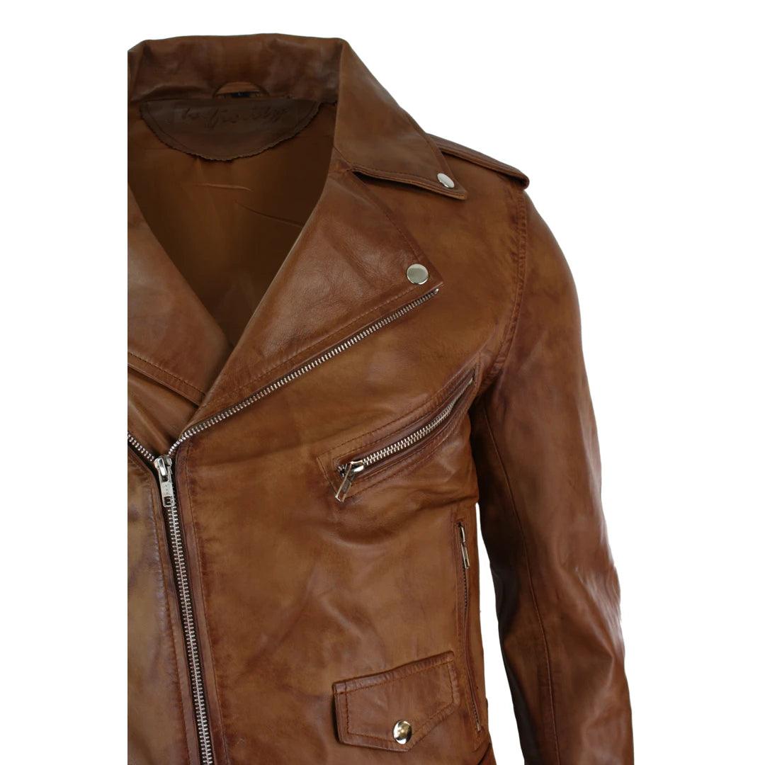 Mens Slim Fit Cross Zip Tan Brown Brando Casual Soft Real Leather Jacket - Knighthood Store