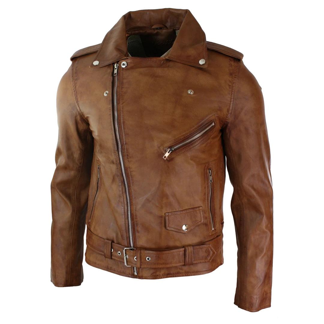 Mens Slim Fit Cross Zip Tan Brown Brando Casual Soft Real Leather Jacket - Knighthood Store