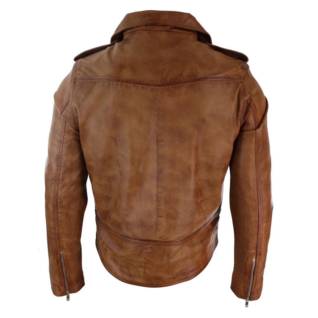 Mens Slim Fit Cross Zip Tan Brown Brando Casual Soft Real Leather Jacket - Knighthood Store