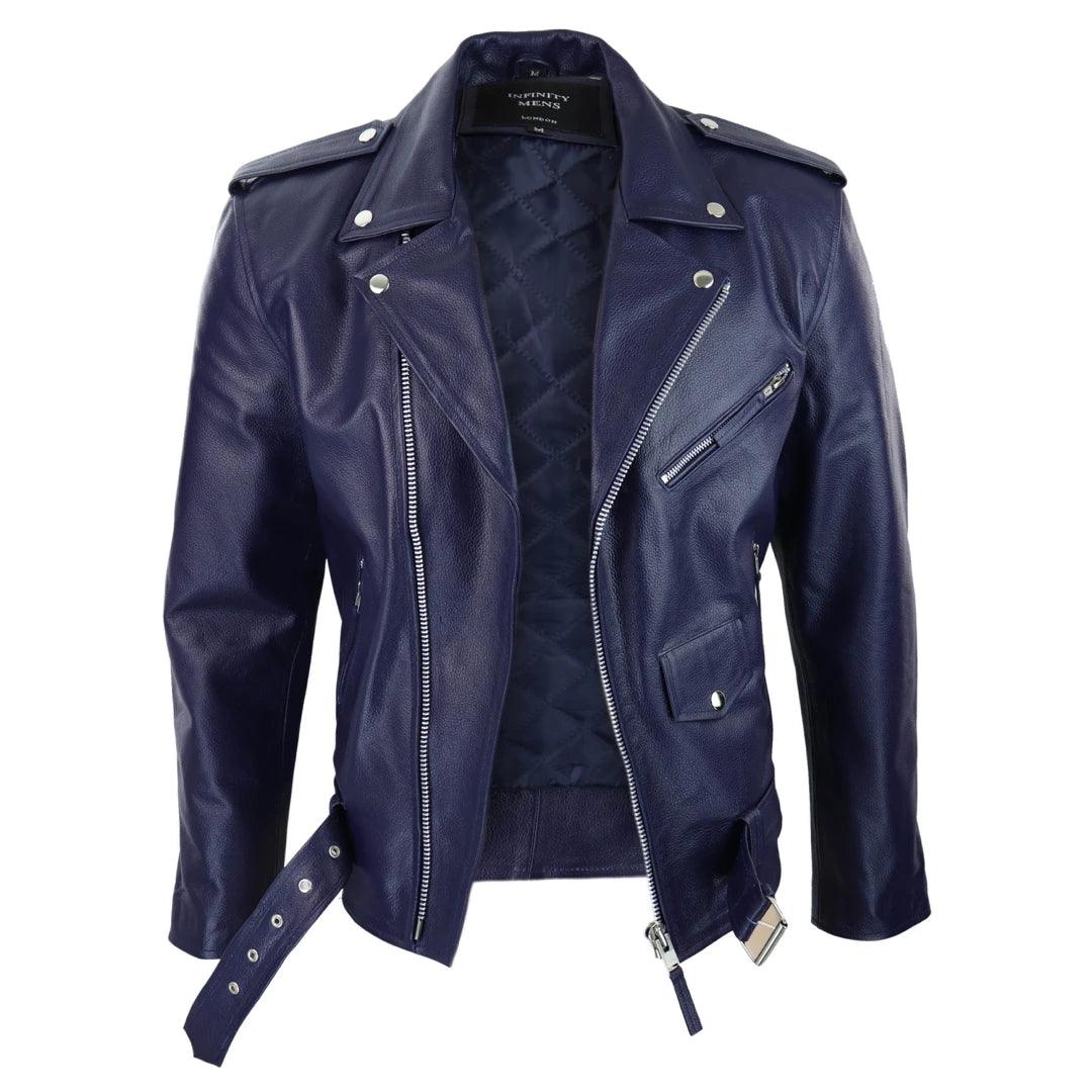 Mens Cow Hide Cross Zip Brando Biker Motorcycle Real Leather Jacket - Knighthood Store