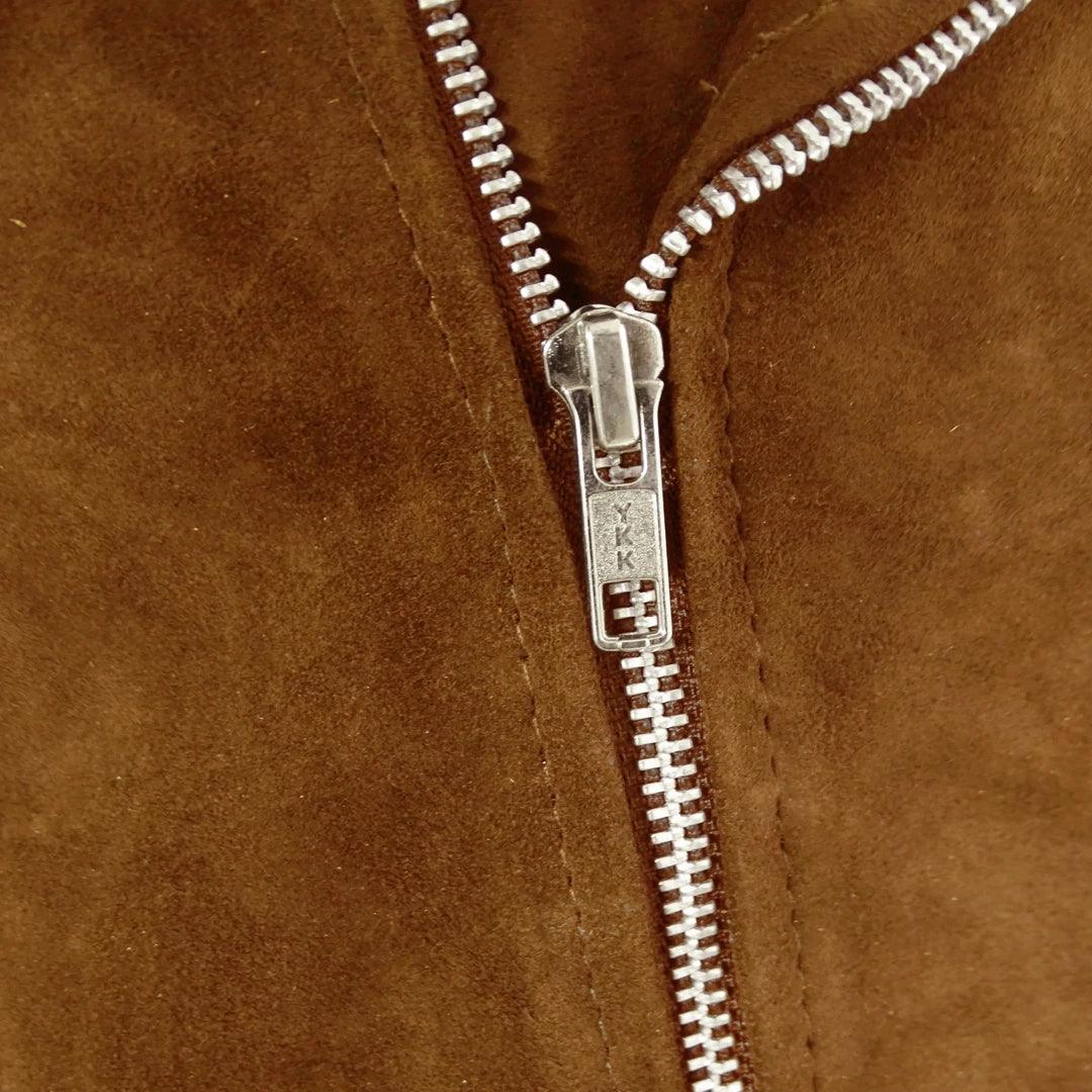 Mens Slim Fit Cross Zip Vintage Brando Washed Real SuedeJacket Brown Tan Camel - Knighthood Store