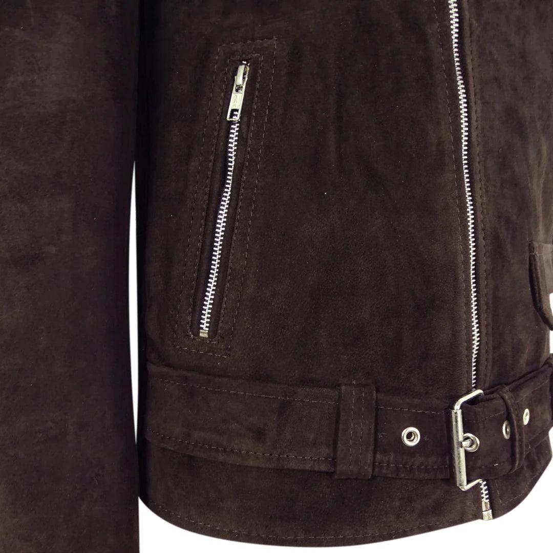 Mens Slim Fit Cross Zip Vintage Brando Washed Real SuedeJacket Brown Tan Camel - Knighthood Store