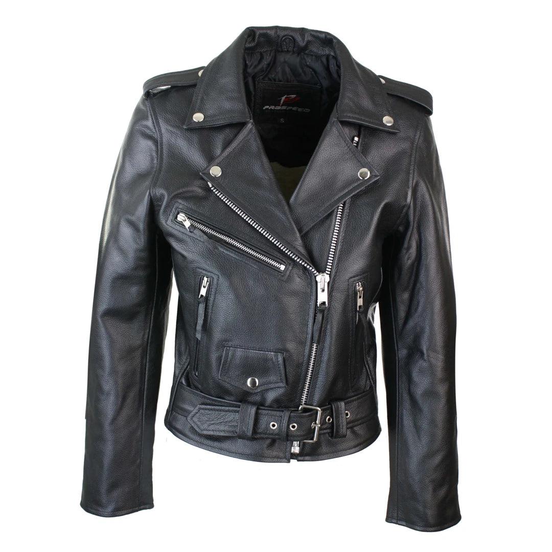 Ladies Women Classic Brando Biker Motorcycle Motorbike Hide Leather Jacket - Knighthood Store