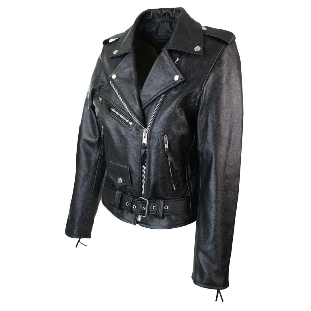 Brando Ladies Women Black Red White Classic Biker Motorcycle Motorbike Hide Leather Jacket - Knighthood Store