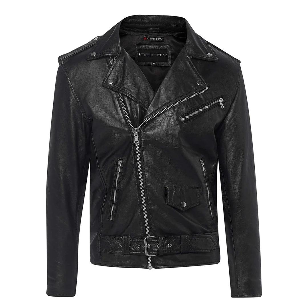 Mens Cross Zip Real Leather Classic Retro Brando Jacket Biker Belted Grease - Knighthood Store