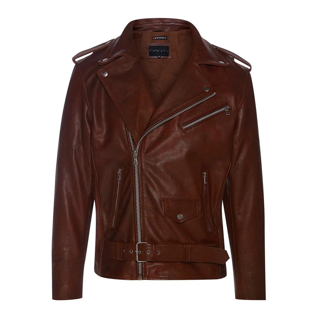 Mens Cross Zip Real Leather Classic Retro Brando Jacket Biker Belted Grease - Knighthood Store