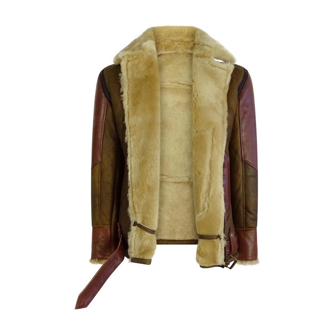 Mens Vintage Tan Real Sheepskin Cross Zip Flying Jacket Pilot Flight Ginger Belt - Knighthood Store