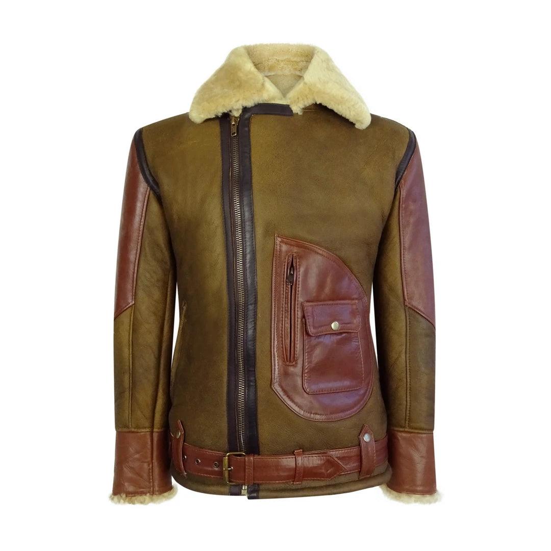 Mens Vintage Tan Real Sheepskin Cross Zip Flying Jacket Pilot Flight Ginger Belt - Knighthood Store