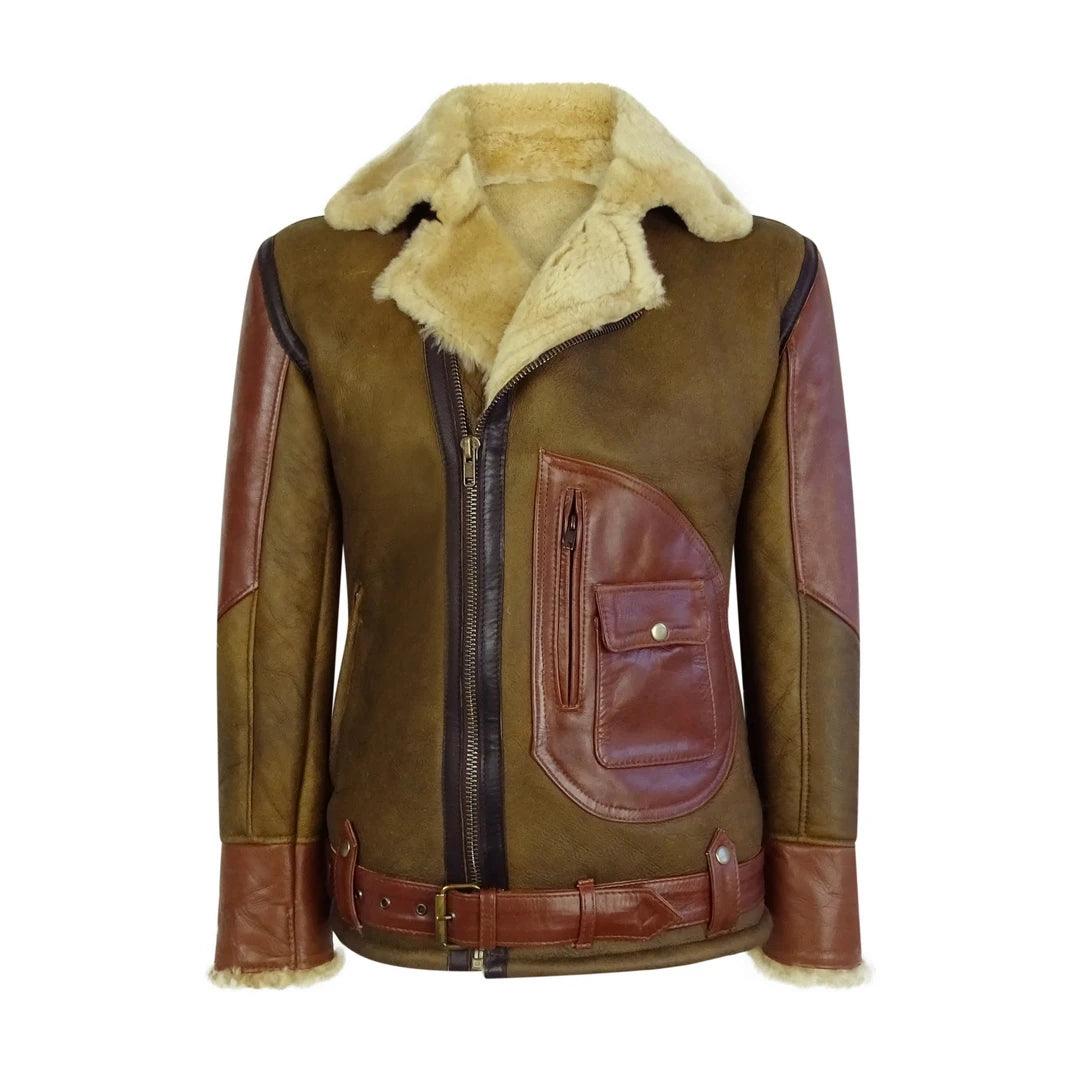 Mens Vintage Tan Real Sheepskin Cross Zip Flying Jacket Pilot Flight Ginger Belt - Knighthood Store