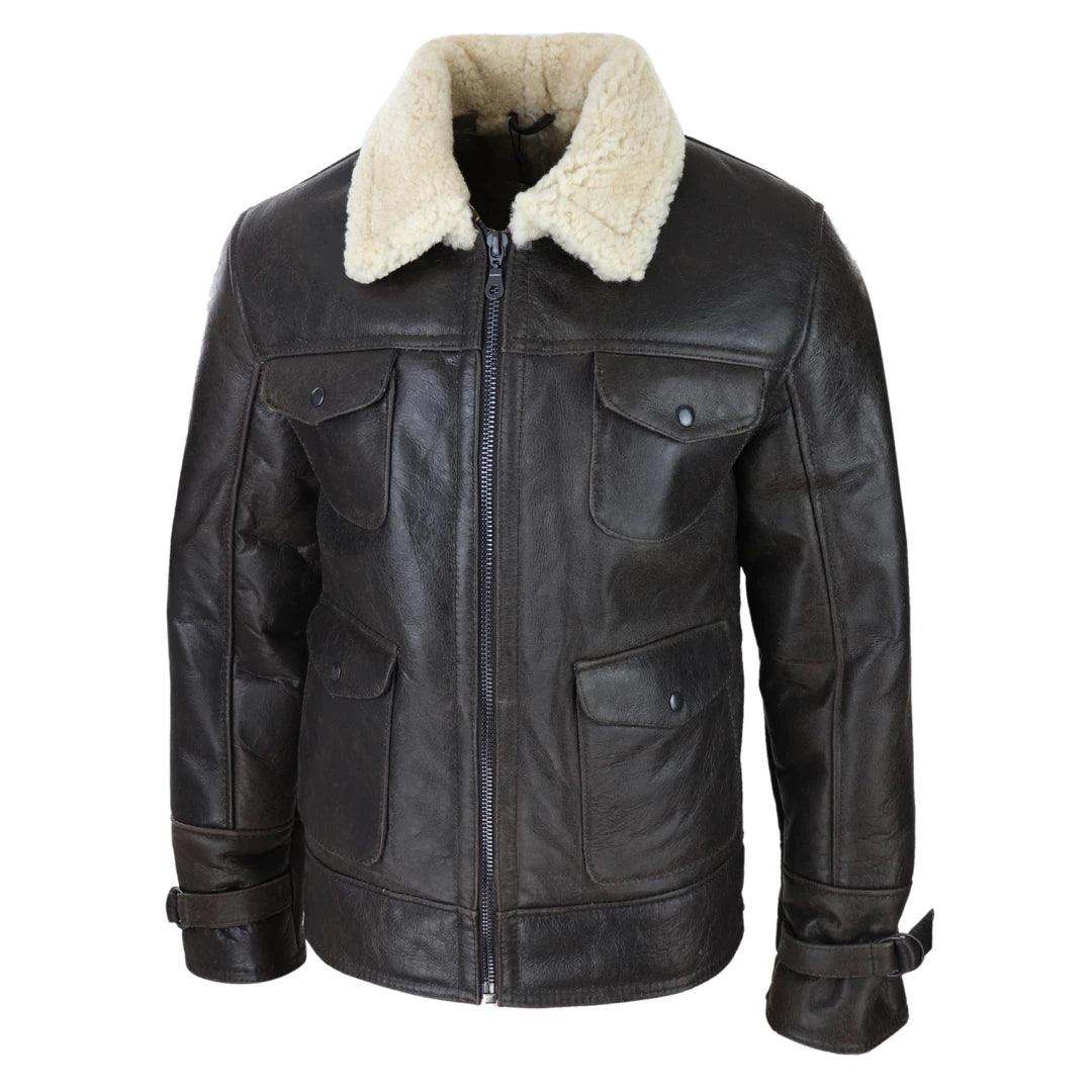 Mens Sherling Sheepsking Jacket Genuine Brown Military Warm Winter Brown Cream - Knighthood Store