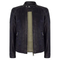 Mens Slim Fit Vintage Navy Washed Real Leather Jacket Nehru Grandad Collar Biker - Knighthood Store