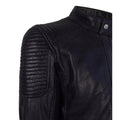 Mens Slim Fit Vintage Navy Washed Real Leather Jacket Nehru Grandad Collar Biker - Knighthood Store