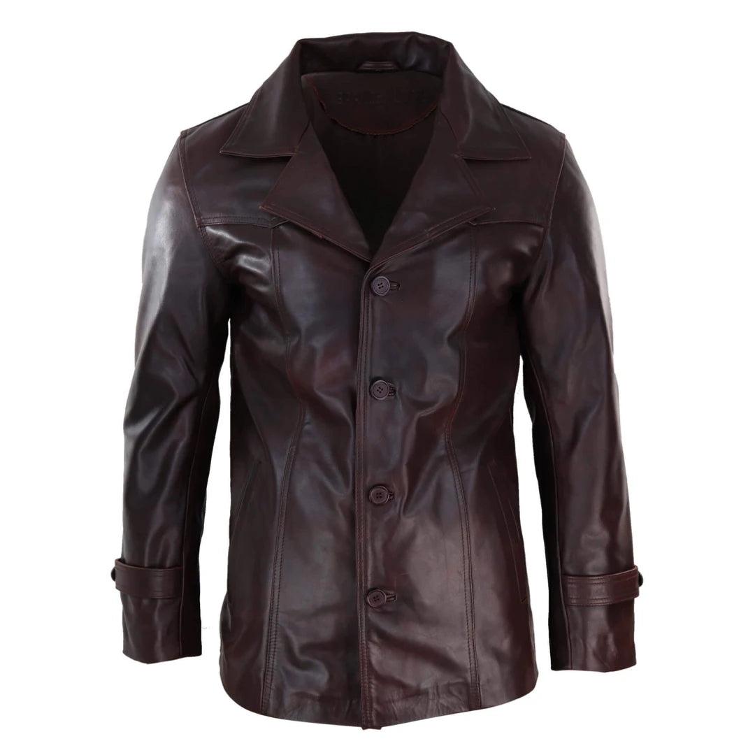 Mens Real Leather Coat Jacket Classic Wine Black Fit Smart Casual - Knighthood Store