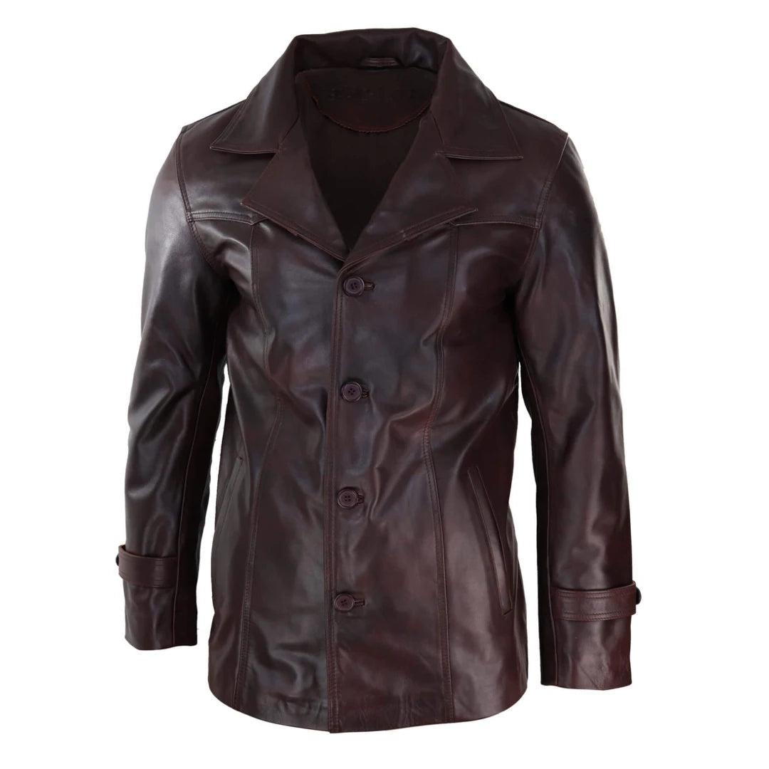 Mens Real Leather Coat Jacket Classic Wine Black Fit Smart Casual - Knighthood Store