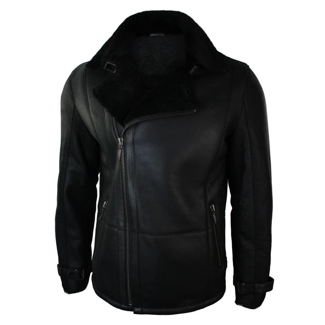 Mens Winter Real Sheepskin Black Mid Length Fitted Designer Jacket Cross Zip - Knighthood Store