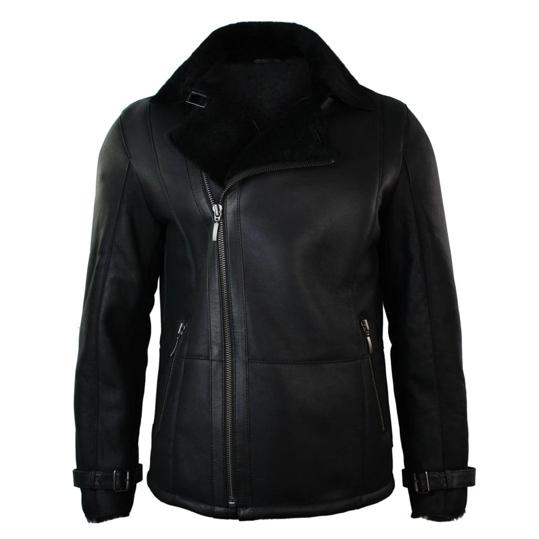 Mens Winter Real Sheepskin Black Mid Length Fitted Designer Jacket Cross Zip - Knighthood Store