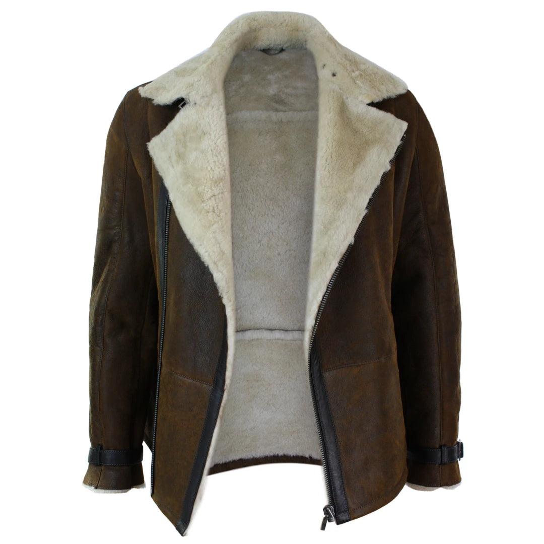 Mens Winter Real Sherling Vintage Sheepskin Tan Brown Fitted Jacket Cross Zip - Knighthood Store