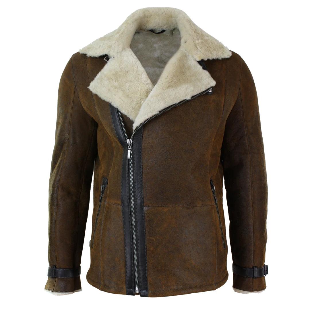 Mens Winter Real Sherling Vintage Sheepskin Tan Brown Fitted Jacket Cross Zip - Knighthood Store