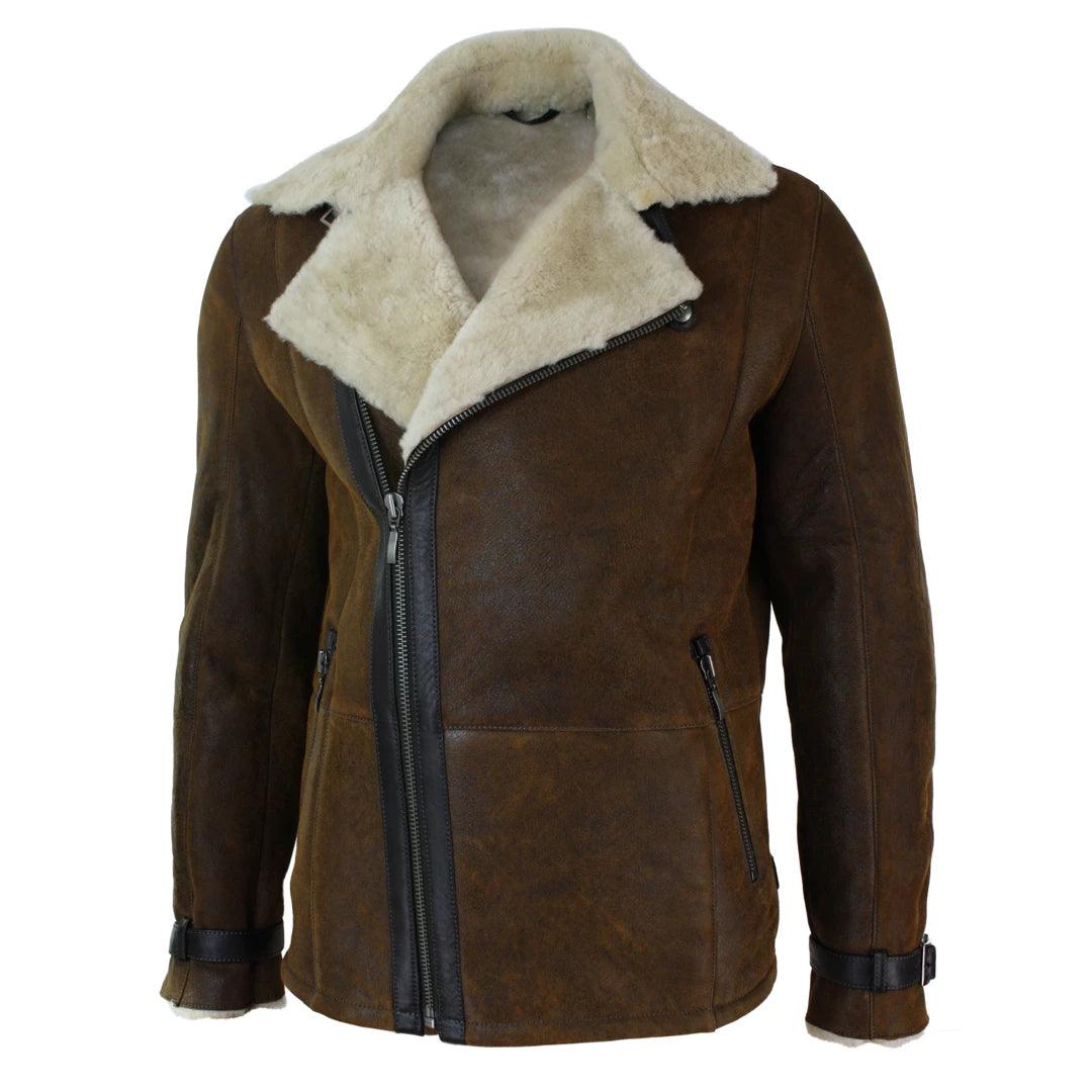 Mens Winter Real Sherling Vintage Sheepskin Tan Brown Fitted Jacket Cross Zip - Knighthood Store