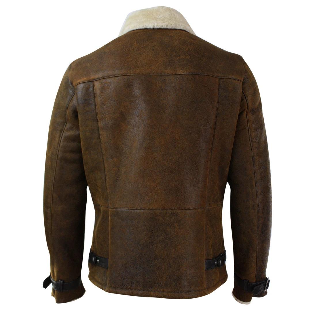 Mens Winter Real Sherling Vintage Sheepskin Tan Brown Fitted Jacket Cross Zip - Knighthood Store