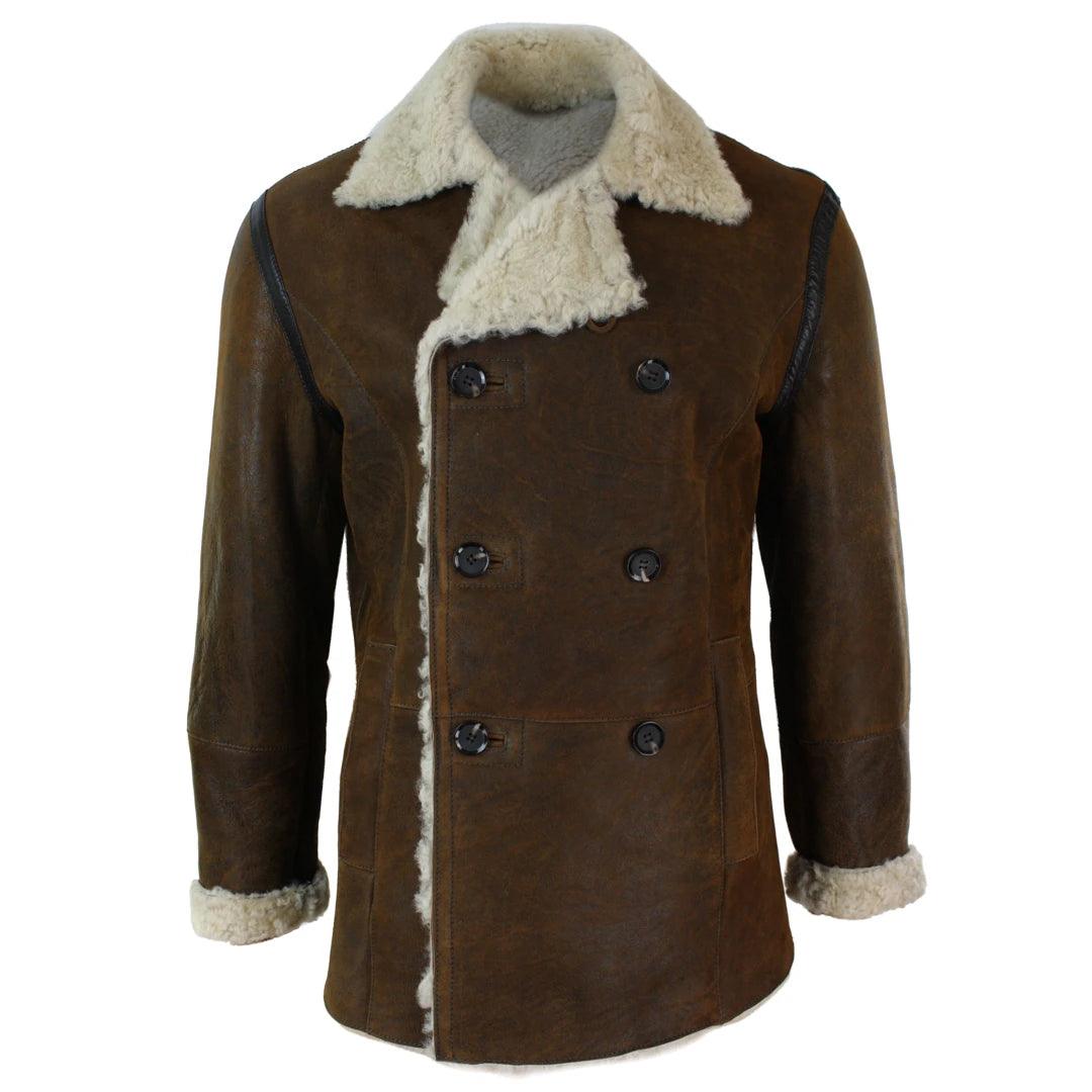 Mens Real Shearling German Navy Sheepskin Double Breasted Jacket Vintage Brown - Knighthood Store