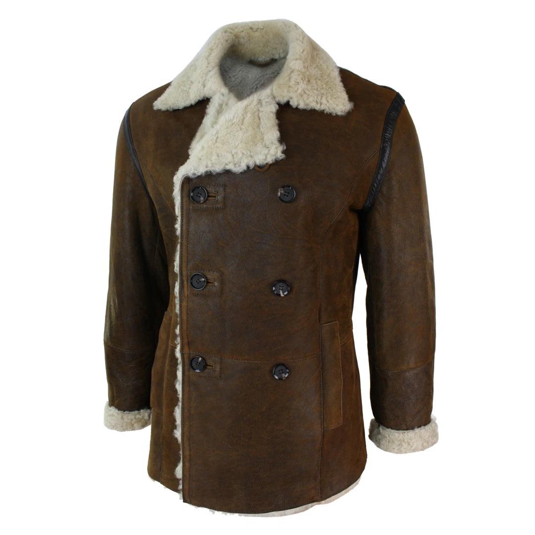 Mens Real Shearling German Navy Sheepskin Double Breasted Jacket Vintage Brown - Knighthood Store