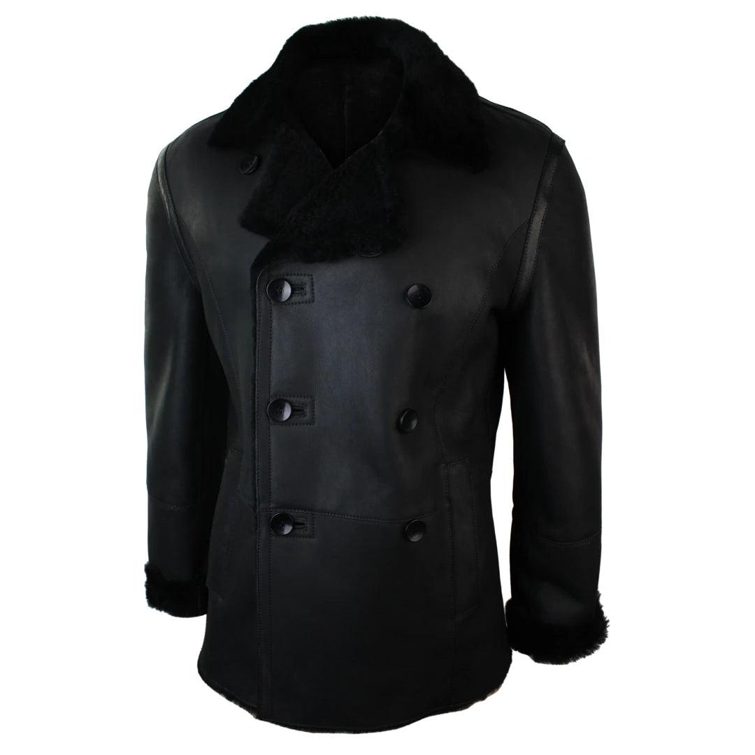 Mens Real Shearling German Navy Sheepskin Double Breasted Jacket Black Fitted - Knighthood Store