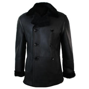 Mens Real Shearling German Navy Sheepskin Double Breasted Jacket Black Fitted - Knighthood Store