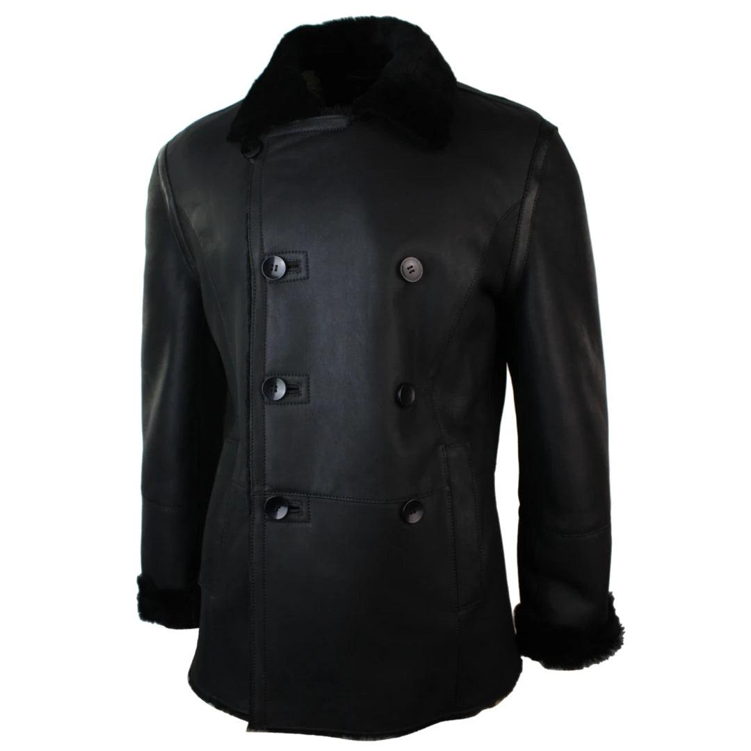 Mens Real Shearling German Navy Sheepskin Double Breasted Jacket Black Fitted - Knighthood Store