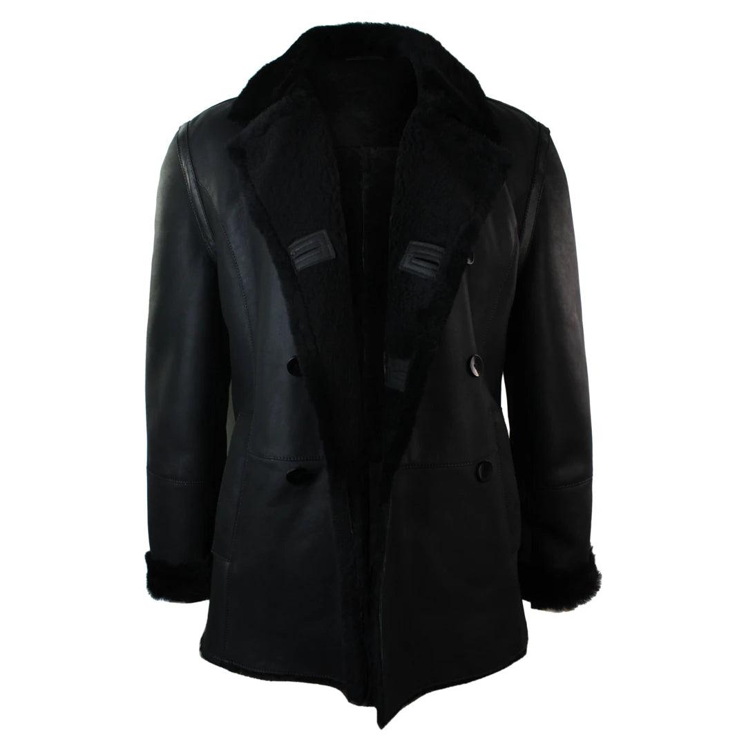 Mens Real Shearling German Navy Sheepskin Double Breasted Jacket Black Fitted - Knighthood Store