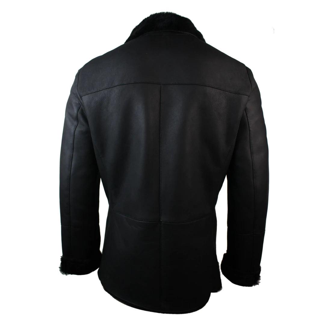 Mens Real Shearling German Navy Sheepskin Double Breasted Jacket Black Fitted - Knighthood Store