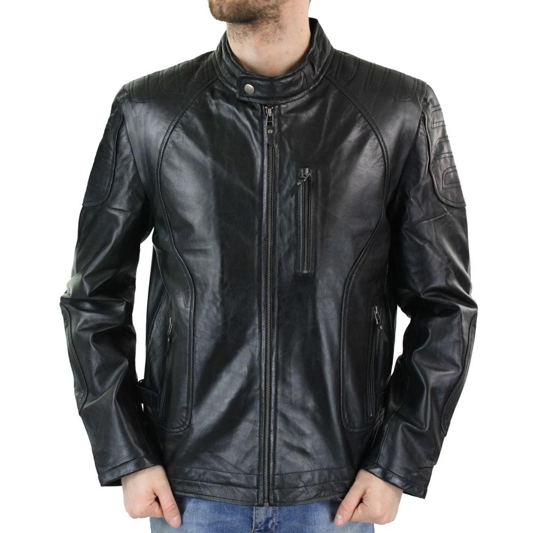 Mens Biker Style Real Leather Blue Black Zipped Jacket Smart Casual Retro Vintage - Knighthood Store