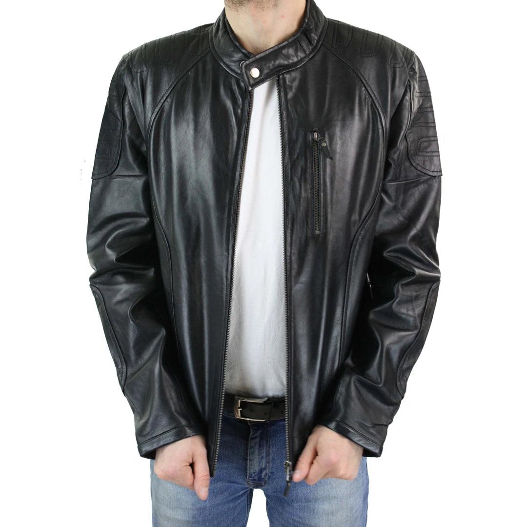 Mens Biker Style Real Leather Blue Black Zipped Jacket Smart Casual Retro Vintage - Knighthood Store