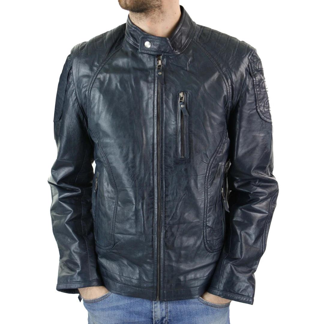Mens Biker Style Real Leather Blue Black Zipped Jacket Smart Casual Retro Vintage - Knighthood Store