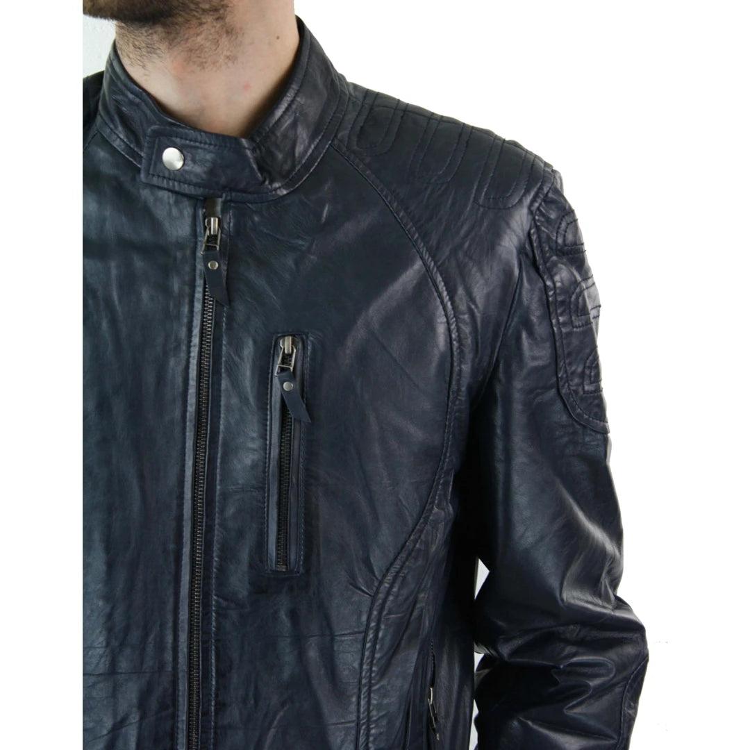 Mens Biker Style Real Leather Blue Black Zipped Jacket Smart Casual Retro Vintage - Knighthood Store