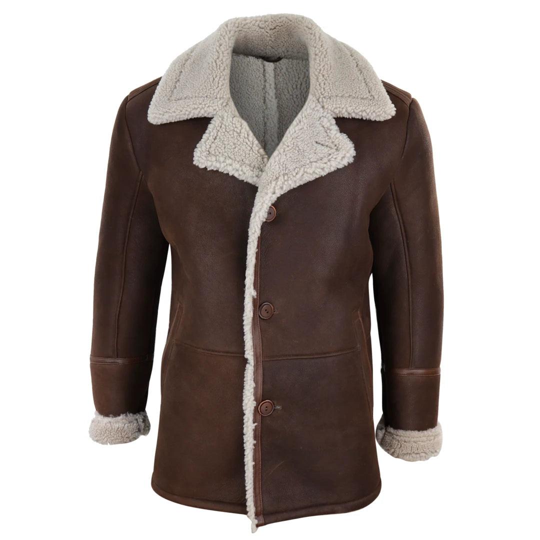 Mens Real Sheepskin Coat Button Vintage German WW2 Captain Marine Jacket - Knighthood Store