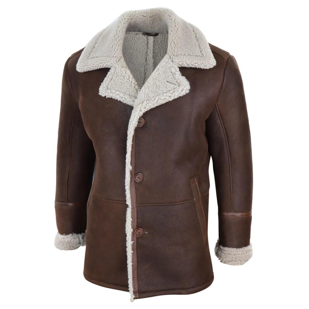 Mens Real Sheepskin Coat Button Vintage German WW2 Captain Marine Jacket - Knighthood Store