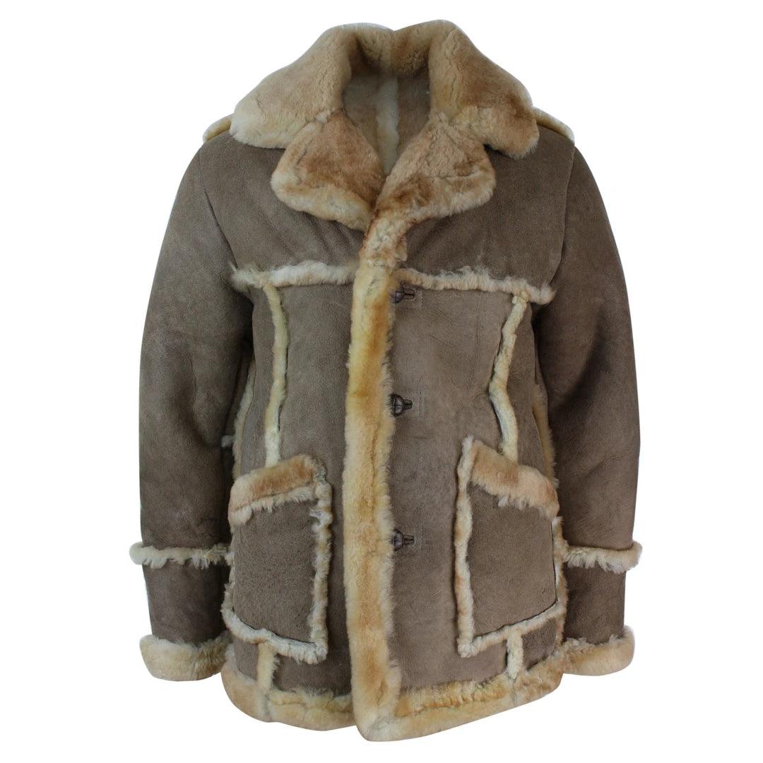 Mens Beige Cream Brown Original Boy 3/4 Real Sheepskin Jacket Vintage Retro - Knighthood Store