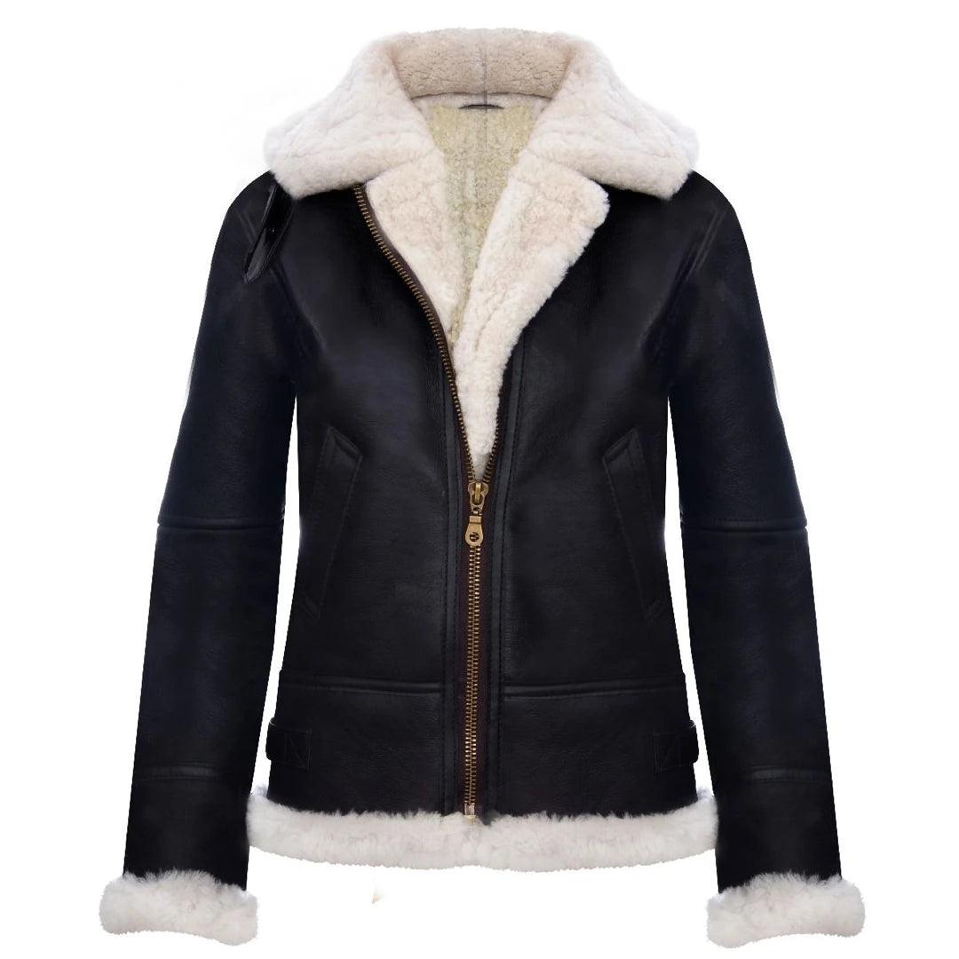 Ladies Aviator White Brown Hooded Real Shearling Sheepskin Leather Jacket - Knighthood Store