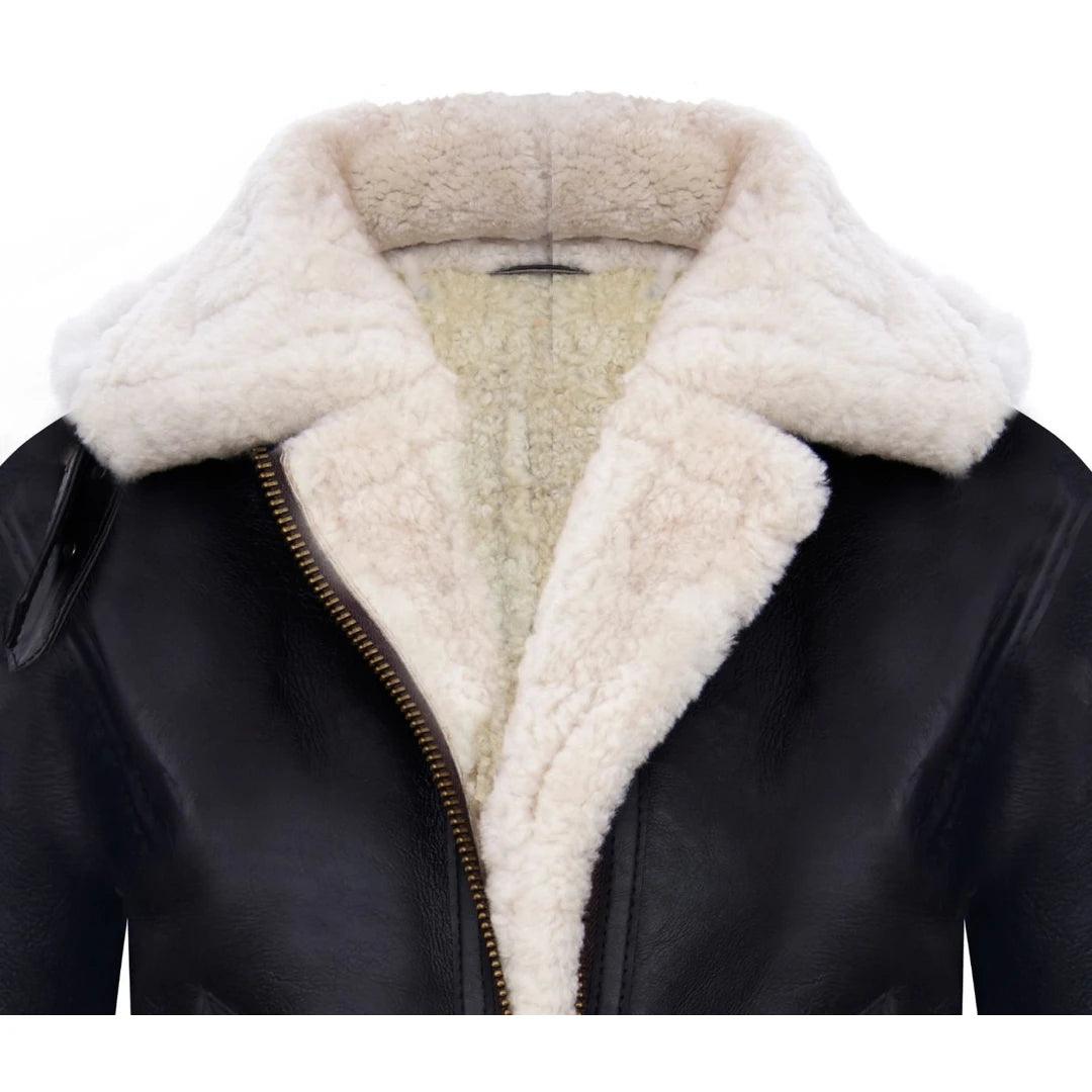 Ladies Aviator White Brown Hooded Real Shearling Sheepskin Leather Jacket - Knighthood Store