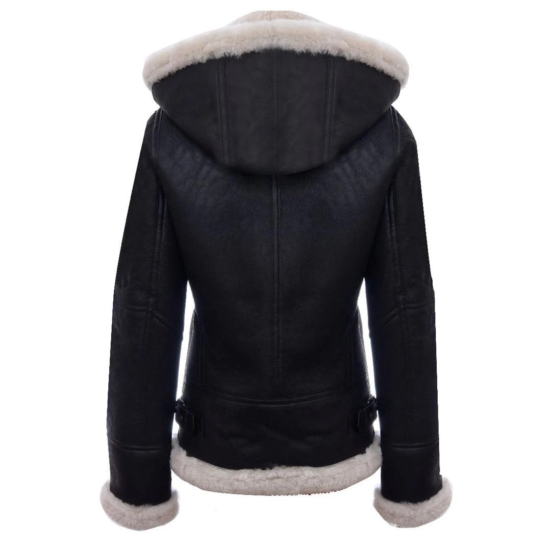 Ladies Aviator White Brown Hooded Real Shearling Sheepskin Leather Jacket - Knighthood Store