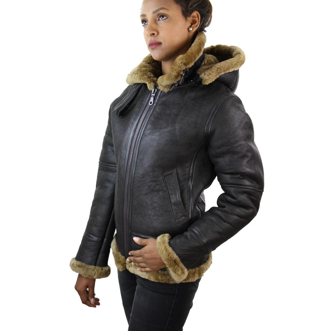 Ladies Aviator New Ginger Women's Hooded Real Shearling Sheepskin Leather Jacket - Knighthood Store