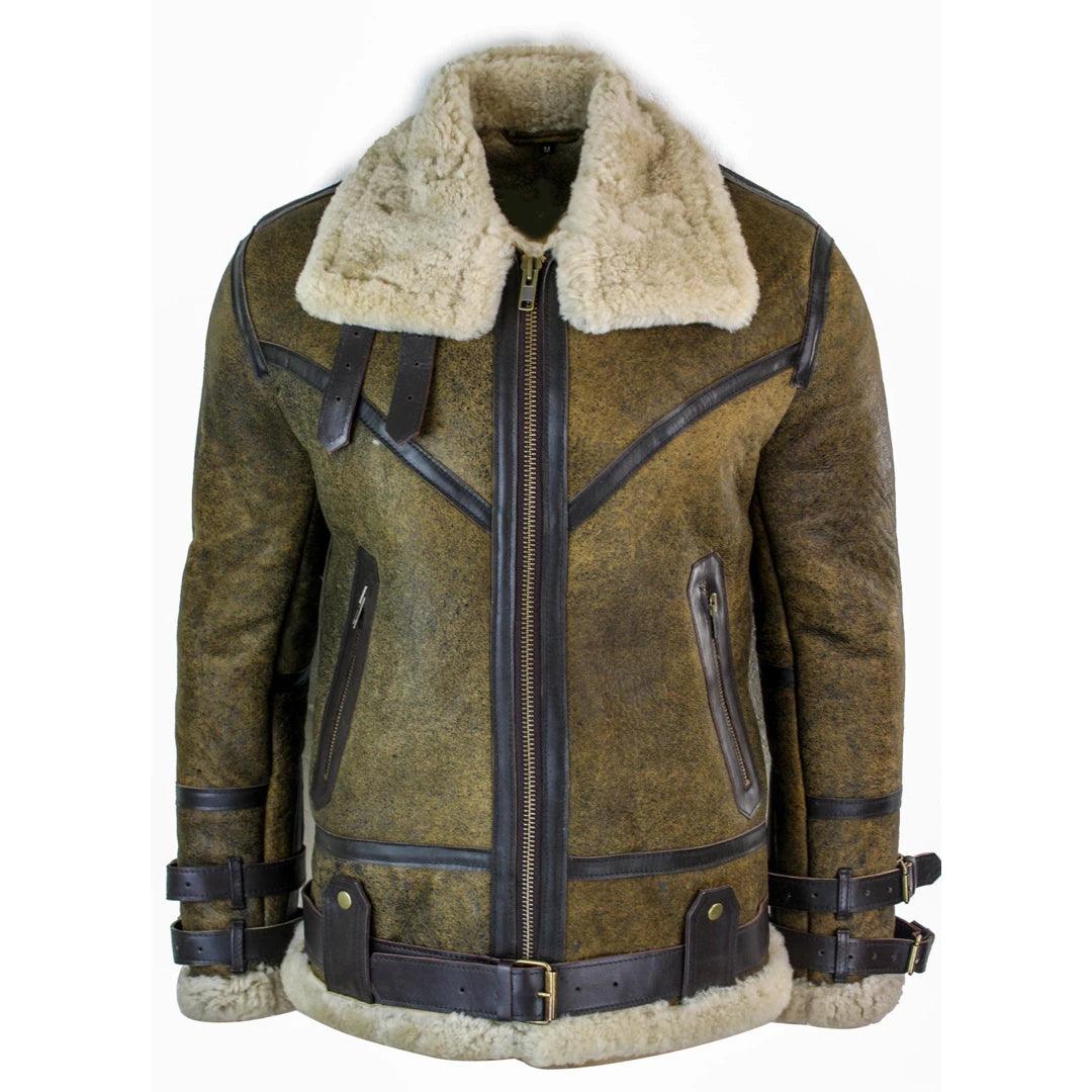 Mens Sherling Real Sheepskin Leather Viking Vintage RAF Jacket Brown Cream Fur - Knighthood Store