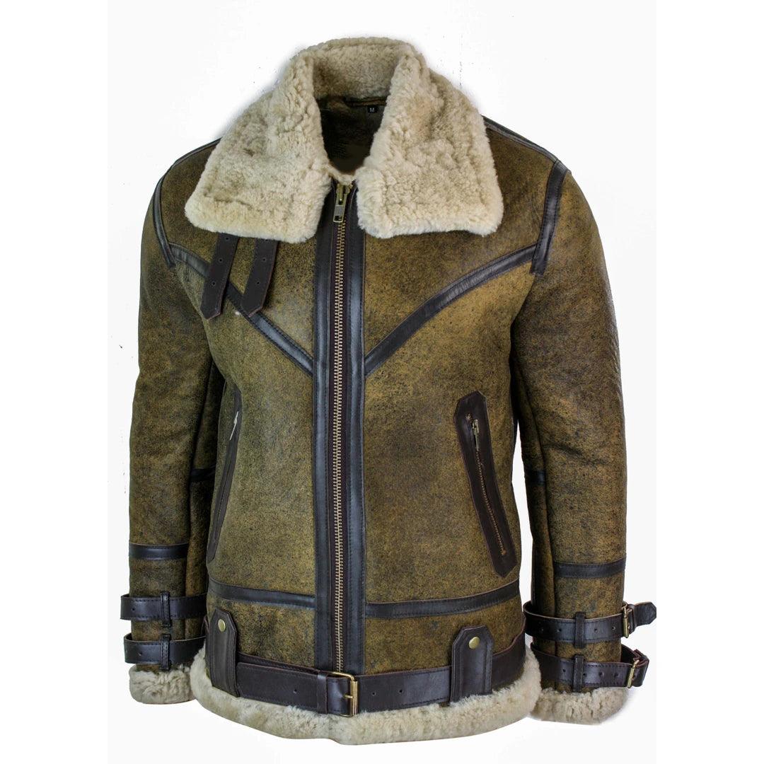 Mens Sherling Real Sheepskin Leather Viking Vintage RAF Jacket Brown Cream Fur - Knighthood Store