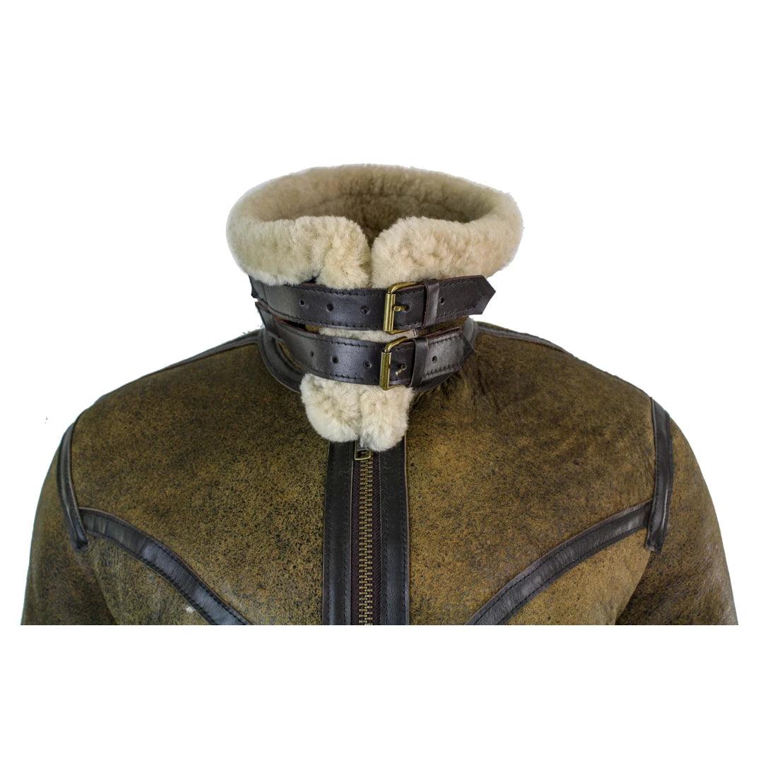 Mens Sherling Real Sheepskin Leather Viking Vintage RAF Jacket Brown Cream Fur - Knighthood Store