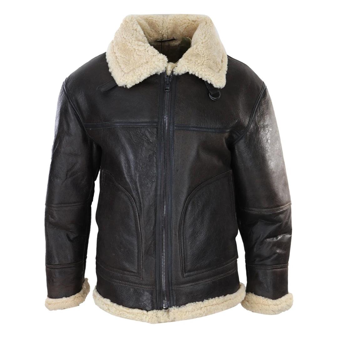 Mens Brown Real Sheepskin Flying Jacket Zipped Cream Fur Classic WW2 Pilot Military - Knighthood Store
